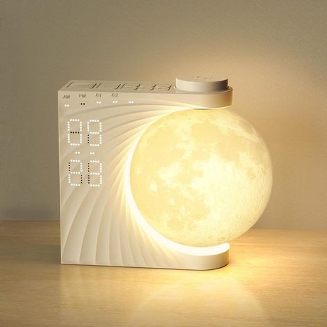 Lampe de Lune avec Réveil Lumineux,Eveil Lumière LED 8 Couleurs,Réveil et Machine Sonore avec Lumière de Lune Veilleuse,Double Alarme,Fonction Snooze,10 Sons de la Nature [Classe énergétique A] (1/5)