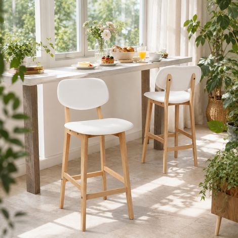 Pack de 2 taburetes de bar estables, 43 x 38 x 92 cm, madera y polipiel blanca, FloraGrace (1/4)