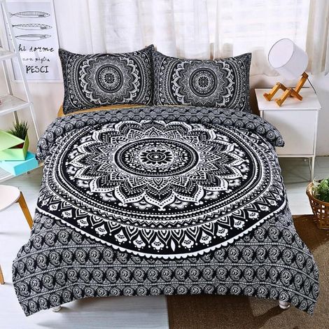 Bettwäsche Set 140x200 cm Boho Mandala Blumen Schwarz Weiß Mikrofaser