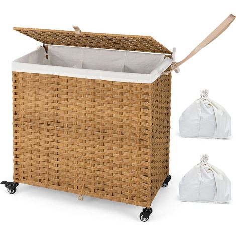 COSTWAY Laundry Hamper 125L 3-Section Laundry Basket w/Lid & Wheels-Natural