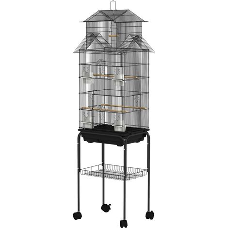Jaula para Pájaros con Ruedas Comederos Perchas Columpio Bandeja Extraíble 50,5x41x163 cm Negro