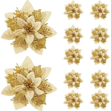 Fiori artificiali, design stella di Natale, set da 10 pezzi, oro, 14 cm (1/2)