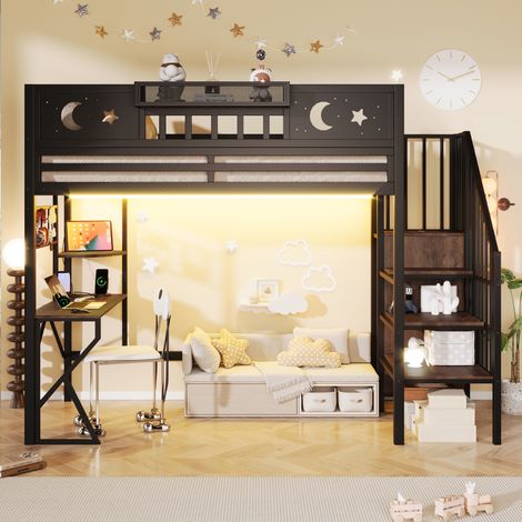 Lit mezzanine 90x200 cm – avec double échelle et espace sous lit modulable – métal – noir (1/5)