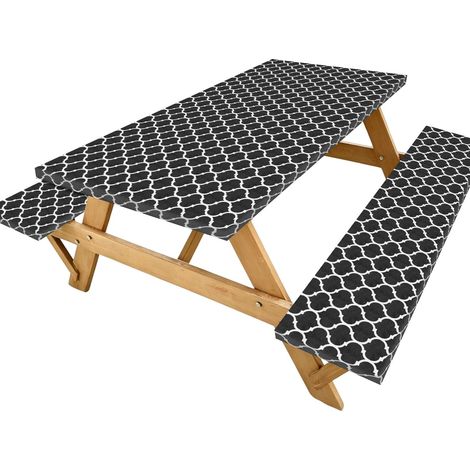 1 Set Housse Table Pique-nique avec Housses Banc, Nappe Rectangulaire Élastique Ajustée Imperméable Dos Flanelle 72x30" pour Camping/Extérieur/Patio/Jardin/Fête [Noir] (1/5)