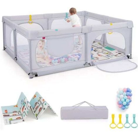Parc pour bébé gris clair en tissu Oxford avec matelas, 50 balles, 4 anneaux et portes zippées pour salon, chambre et jardin (1/5)