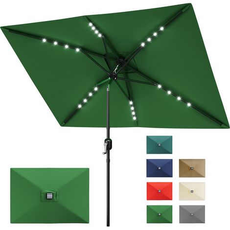 Parasol Rectangulaire Solaire, LED, Inclinable à Manivelle, 6 Baleines Robustes, Jardin, Terrasse, Piscine, 300x198cm, Vert