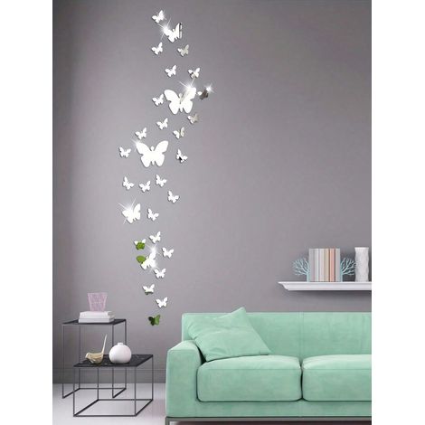 Set de 30 autocollants muraux papillons miroir, création DIY de combinaisons de papillons miroir, papier peint papillons miroir, décorations murales pour miroirs, décoration maison, argenté, démontabl (1/5)