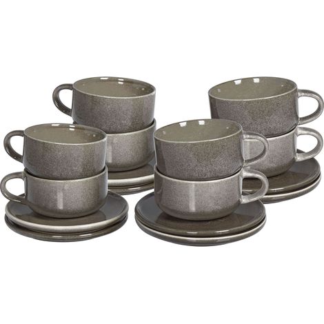 Set di 8 tazze con piattini per il tè e il caffè in gres caolino finitura grigia Costmary