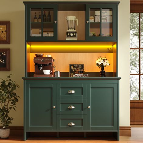Küchenbuffet Hoch mit Glastüren, Schubladen, Offenem Fach und LED, für Küche, MDF, Grün, 120 x 40 x 179 cm