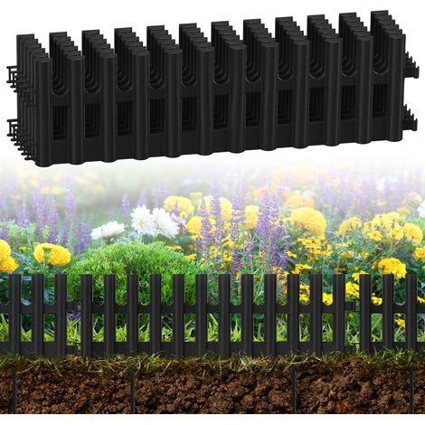 Jiubiaz Bordatura per aiuole 2,6 m – set da 6 Bordatura per aiuole 43 x 13 cm in plastica flessibile – Bordo per prato Palisade recinzione decorativa – nero incl. 12 picchetti (20 cm)