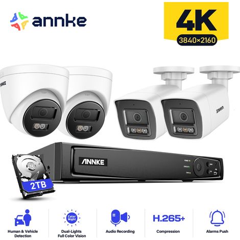 ANNKE 4PCS 12MP Sistema di telecamere di sorveglianza interni esterni, rilevamento di persone/veicoli, accesso remoto per visione notturna a colori, 2 Bullet + 2 Torri Telecamere 2TB (1/5)