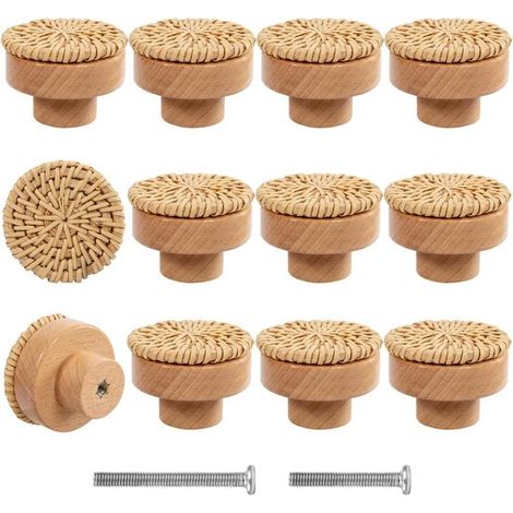 Lot de 12 boutons de tiroir en bois Boho - poignées de placard tissées à la main en rotin avec 24 vis pour meubles pour enfants à la maison (1/5)