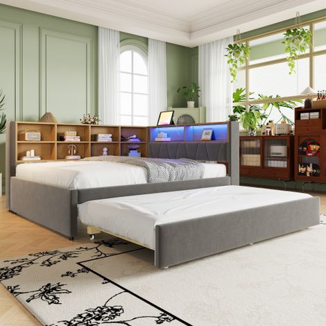Schlafsofa 140200,Ausziehbett 90190, Ausgestattet mit LED Leuchten, Steckdosen und vielen Ablagefächern, Polsterbett, Multifunktionsschlafsofa, Einzelbett, Flanell, Dunkelgrau.