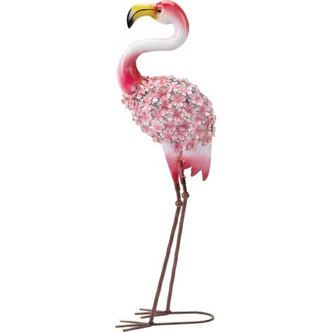 Statue de Jardin Flamant Rose, Sculpture d'Oiseau en Métal avec Plumes Florales, 28 x 19 x 83 cm, Rouge (1/5)