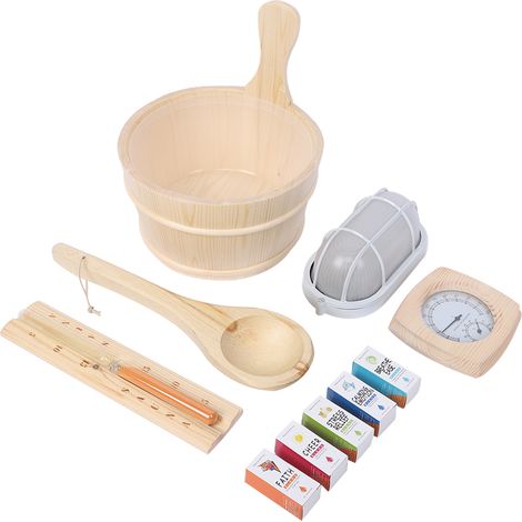 Lot baril en bois pour sauna avec ampoule antidéflagrante, sablier, thermohygromètre et huile essentielle (1/5)