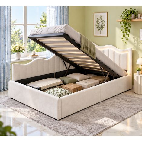 Lit coffre 90x200 cm avec sommier, lit enfant simple avec rangement hydraulique, lit banquette en velours, tĂŞte de lit avec LED, blanc (1/5)