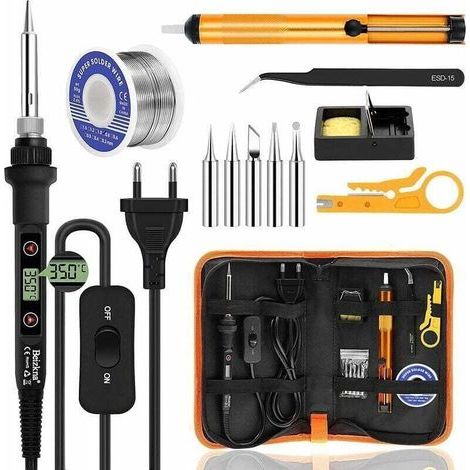 Kit saldatore Enowelir da 80 W, stazione di saldatura elettronica di precisione, temperatura regolabile da 180 a 480 °C, con 5 punte, pompa dissaldante, filo e pinzette. (1/4)