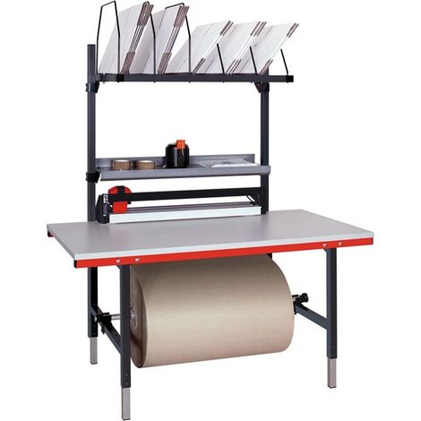 Pack- und Arbeitstischkombination höhenverstellbar Breite 1600 Areitsplatte melaminharzbeschichtet 30 mm Klemmfeststellung 1x Formularablage 1x Kartonmagazin 1x Zwischenboden Maße in mm (BxT): 1600 x 