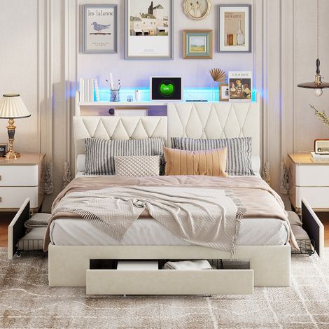 Lit Double 140x200cm, Lit 2 Personnes avec LED et USB, Cadre de Lit avec 3 Tiroirs, Tête de Lit Rembourré avec Rangement, Sommier à Lattes, Velour, Beige (1/5)
