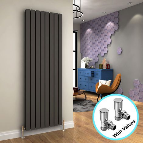 ELEGANT 1800 x 608 mm Vertical Designer Radiator Anthracite Double Flat Panel Column Tall Upright Central Heating Radiators + Angled Radiator Valves (1/5)