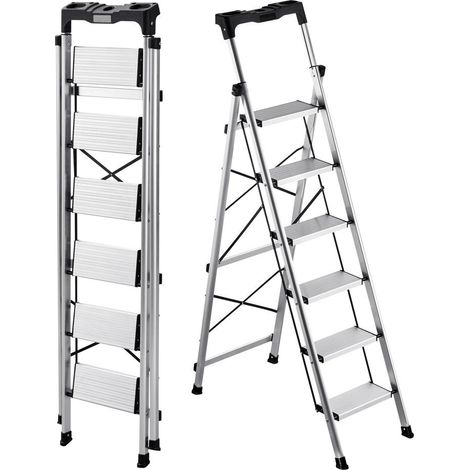 Sécurité optimale : Escabeau pliant 6 marches alu avec plateau à outils et marches antidérapantes pour maison et bricolage (1/5)