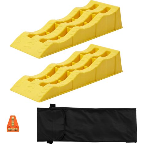 XPOtool Cuñas de apoyo para autocaravanas de 3,5 t, 2 unidades, amarillas, 605 x 205 x 120 mm. calzos de compensación de HDPE, bloques de apoyo resistentes para caravanas y acampadas (1/5)