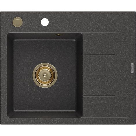 Mexen Ben lavello in granito a 1 vasca con scolapiatti, sinistro 600 x 500 mm, nero maculato, sifone dorato - 6522605000-76-G (1/5)