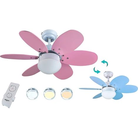 Ventilateur de plafond avec moteur DC, télécommande, 75cm Ø, 6 pales, rose/bleu ciel, châssis blanc (1/5)