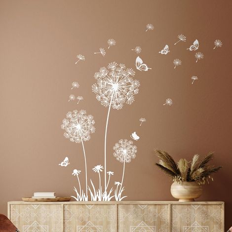 Linghhang – Stickers muraux pissenlit amovibles – Décoration murale fleurs blanches et papillons – Pour salons, chambres, bureaux – Vinyle respectueux de l'environnement