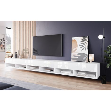 Mueble de TV 300 cm LOWBOARD A, mueble de televisión, iluminación LED incluida, color blanco/blanco brillo (1/3)
