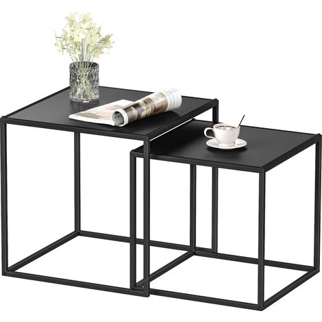 Ensemble de 2 tables gigognes carrées pour salon, en acier, grande table de 40 cm et petite table de 35 cm, noires. (1/5)