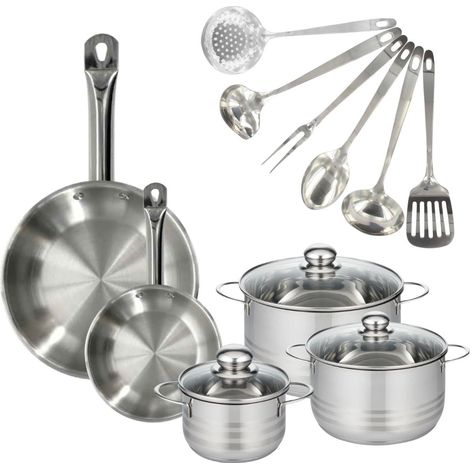 Set 2 poêles 20 et 28 cm en inox, 3 faitouts inox 16, 20 et 24 cm et 6 ustensiles inox Fackelmann Eterna (1/5)