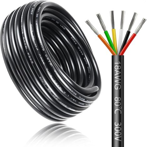 Câble Électrique 10 Mètres 18 AWG 6x0,75mm², Câble à 6 Conducteurs 5 V/12 V/24 V/220 V, Cuivre Étamé, Flexible et Souple, Faible Impédance, Câble d’Extension (1/5)