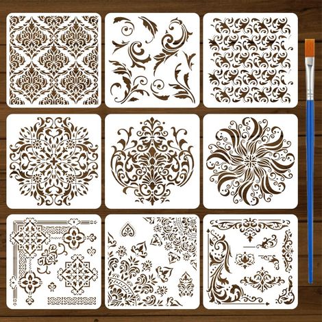 9 Pochoir de Peinture Damassé Avec Pinceau 30x30cm Mandala Fleur Dessin Modèle Fleur Coin Bordure Motif Bricolage Décoration Pochoir pour Peinture sur Bois Mur Tissu Meubles (1/5)