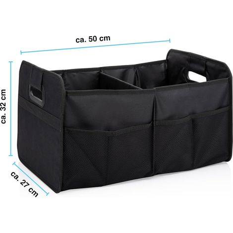 Organisateur de coffre - 50 x 32 x 70 cm - 2 grands compartiments et inserts - Rangement des accessoires de voiture - Noir - Design pliable (1/4)