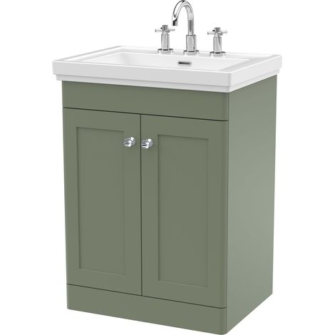 Nuie Classique Floor Standing 2-Door Vanity Unit with Basin 600mm Wide Satin Green - 3 Tap Hole (1/5)