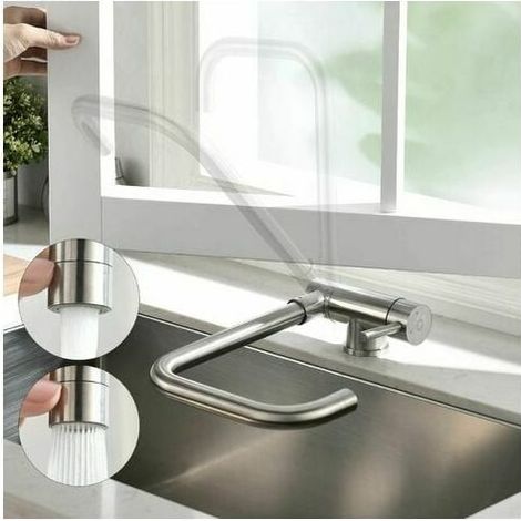 Folding Kitchen Faucet 2 Jets Choice, Stainless Steel Folding Sink Mixer in Front of Window, 360º Swivel Sink Faucet Brushed Anti-fingerprint (1/5)
