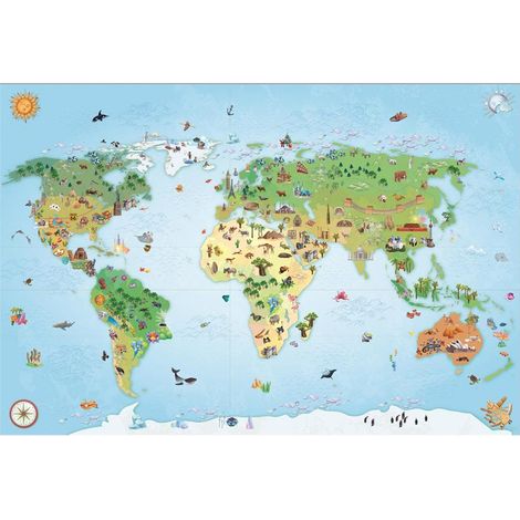 Tapis salon et chambre 70x95 bleu rectangle tissé motif enfant WORLD MAP (1/4)