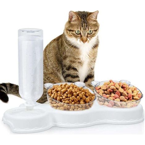 Gamelle Double Surélevée 3 en 1 Distributeur Nourriture et Eau Anti Vomissement Incliné 15° pour Chat et Chien