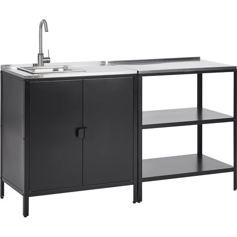 Conjunto de cocina 2 piezas de exterior acero inoxidable isla de cocina armario fregadero monomando negro Vilama