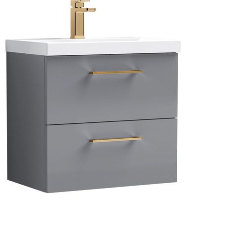 Balterley 600mm Wall Hung Bathroom 2 Drawer Vanity Unit and 1 Tap Hole Ceramic Basin, Satin Grey with Brushed Pewter Handles