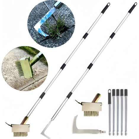 Lot de 2 outils de désherbage, brosse de terrasse avec poils métalliques coudés et extracteur de mauvaises herbes en acier inoxydable manche,jardin (1/5)