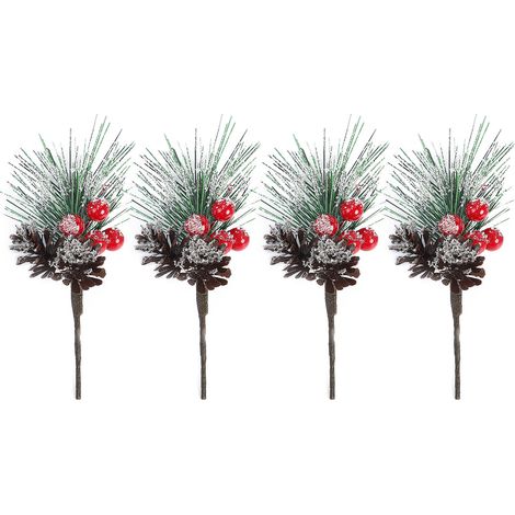 Kit De 4 Branches D'artificial Pine Pour Décoration De Noël, Garniture Boîte À Bonbons, Taille 16 Cm Avec Baies Rouges-KZQ (1/2)