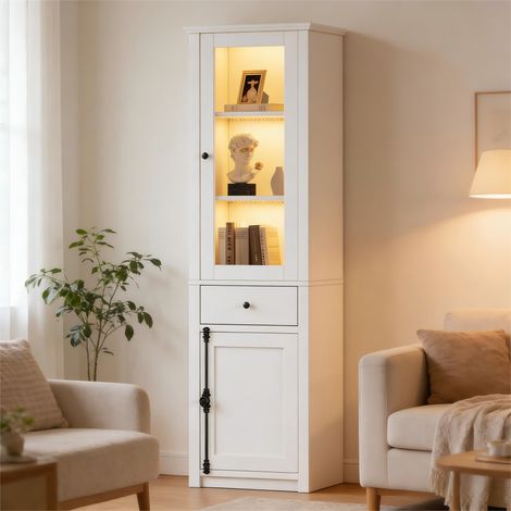 Vitrine autoportante 2 portes verre LED blanc tiroir 55x40x200 cm