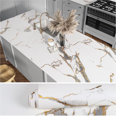 Papier Peint Marbre Blanc Or Papier Autocollant Marbre Gris Doré Mat Epais Papiers Peints Cuisine Autocollant Papiers Peints Adhesif Decoratif Salle de Bain Salon 40 cm × 300 cm (1/5)