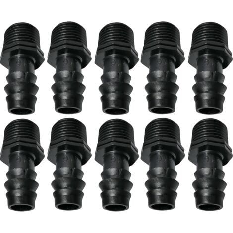 Paquete de 10 adaptadores/conectores de manguera de goteo con púas macho de Ø16 mm x 1/2'' con rosca externa (para manguera de Ø16 mm) - Conector para sistema de riego (1/4)