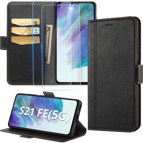 Schutzhülle mit Klappe für Samsung Galaxy S21 FE 5G, schwarzes Öko-Leder + 2x Schutzglas (1/5)