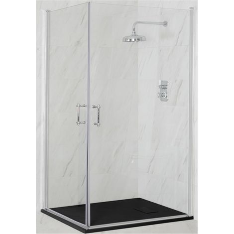 Milano Langley Chrome Corner Walk In Wet Room Double Hinged Door Shower Enclosure with Graphite Slate Effect Tray and Fast Flow Waste - 900mm x 900mm (1/5)