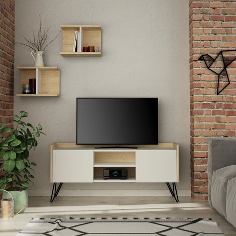 Klappbarer TV-Schrank aus Eichenholz mit weißen Türen und Regalen 56,50 cm x 125,50 cm x 33 cm (1/5)