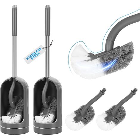 Lot de 2 brosses WC et support, brosse de nettoyage incurvée avec 2 têtes de brosse WC de rechange, brosse à toilettes et support (gris) (1/5)